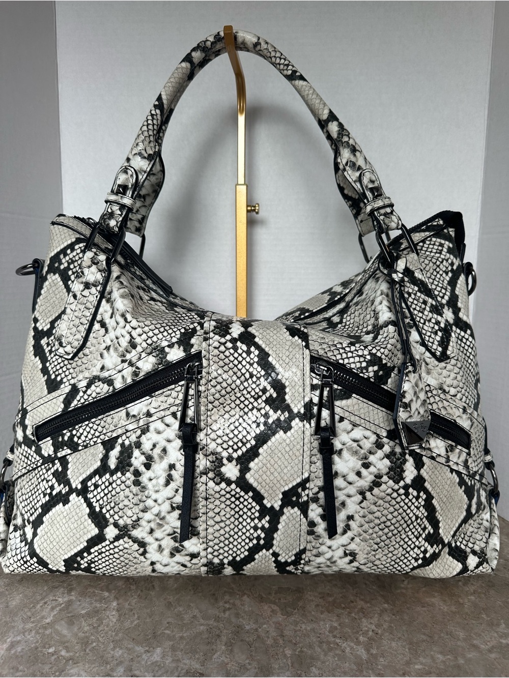 Jessica Simpson Black Pebbled Faux Leather Satchel Bag Snake Print Edgy Glam